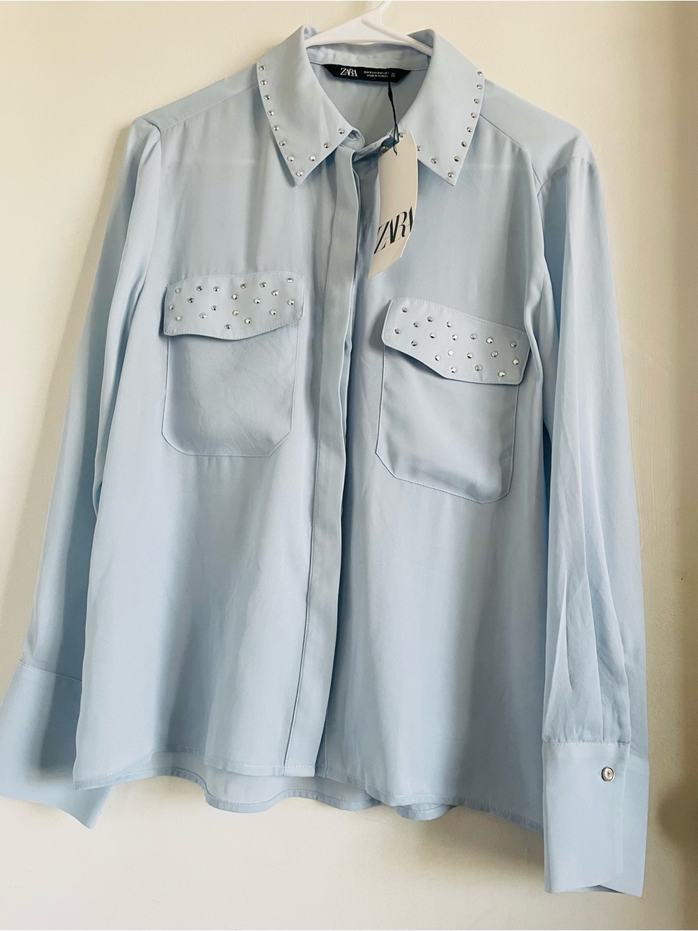 Zara Pale Blue Stud-Accent Button Shirt